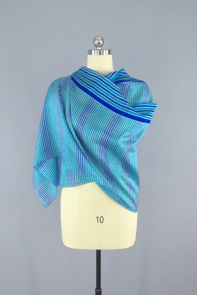 Silk Sari Scarf Wrap / Vintage Indian Sari / Long Aqua Blue Stripes-ThisBlueBird