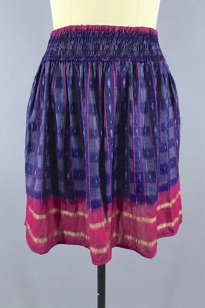 Blue & Pink Indian Silk Sari Skirt - Small to Medium-ThisBlueBird
