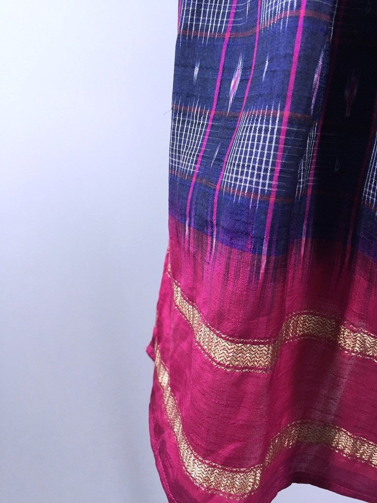 Silk Sari Skirt - Vintage Indian Sari - Blue and Pink Ikat - Size Small to Medium - ThisBlueBird