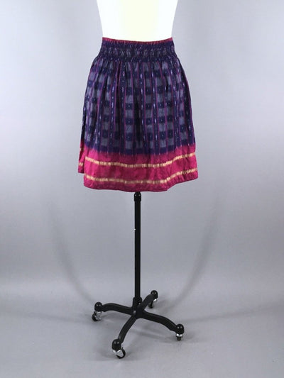 Silk Sari Skirt - Vintage Indian Sari - Blue and Pink Ikat - Size Small to Medium - ThisBlueBird