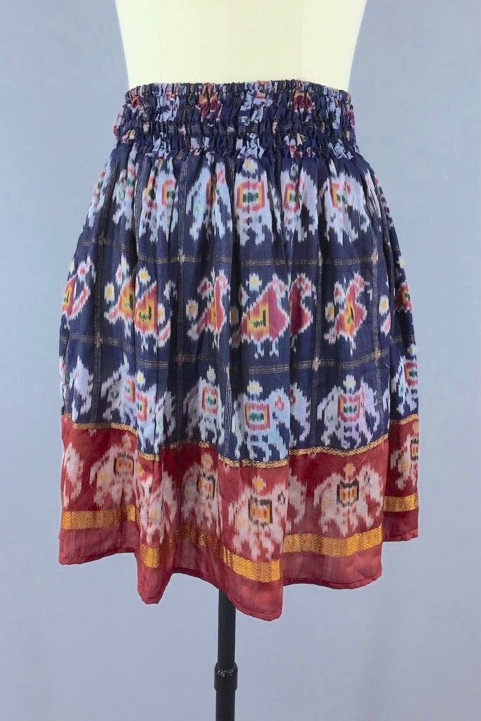 Indian Sari Skirt - Blue Elephant &amp; Bird Print - Size Small to Medium-ThisBlueBird