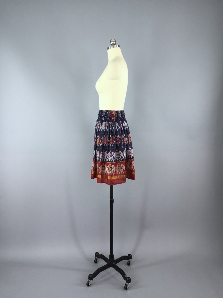 Silk Skirt - Vintage Indian Sari - Blue Elephant & Bird Print - Size Small to Medium - ThisBlueBird