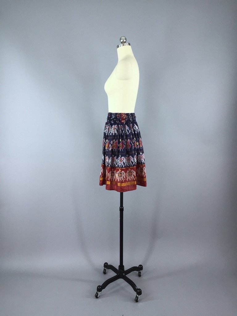 Silk Skirt - Vintage Indian Sari - Blue Elephant &amp; Bird Print - Size Small to Medium - ThisBlueBird
