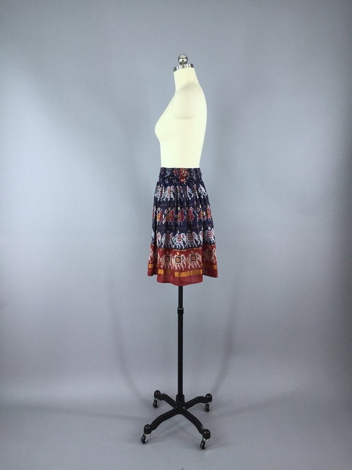 Silk Skirt - Vintage Indian Sari - Blue Elephant &amp; Bird Print - Size Small to Medium - ThisBlueBird