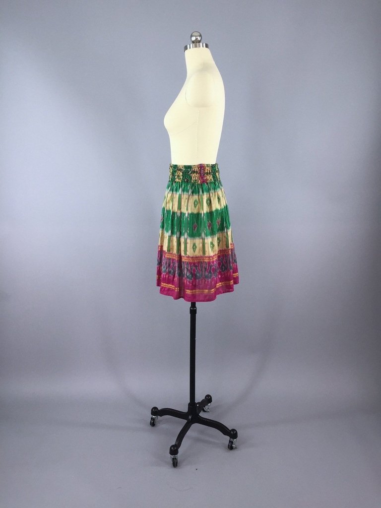 Silk Skirt / Vintage Indian Sari / Green Pink IKAT Print - Size Small to Medium - ThisBlueBird
