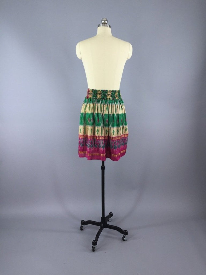 Silk Skirt / Vintage Indian Sari / Green Pink IKAT Print - Size Small to Medium - ThisBlueBird