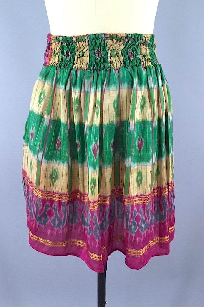 Green Ikat Print Indian Silk Sari Skirt-ThisBlueBird