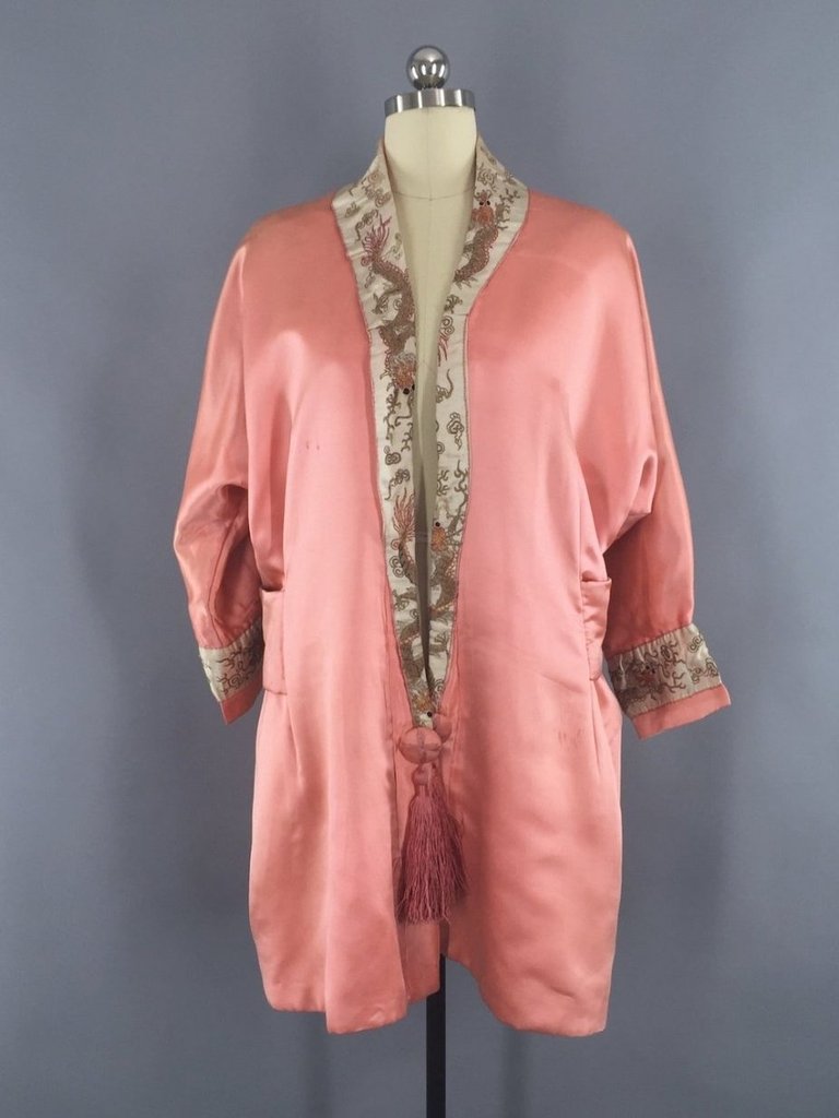 Vintage 1915 - 1920 Silk Satin Jacket with Embroidered Dragons - ThisBlueBird