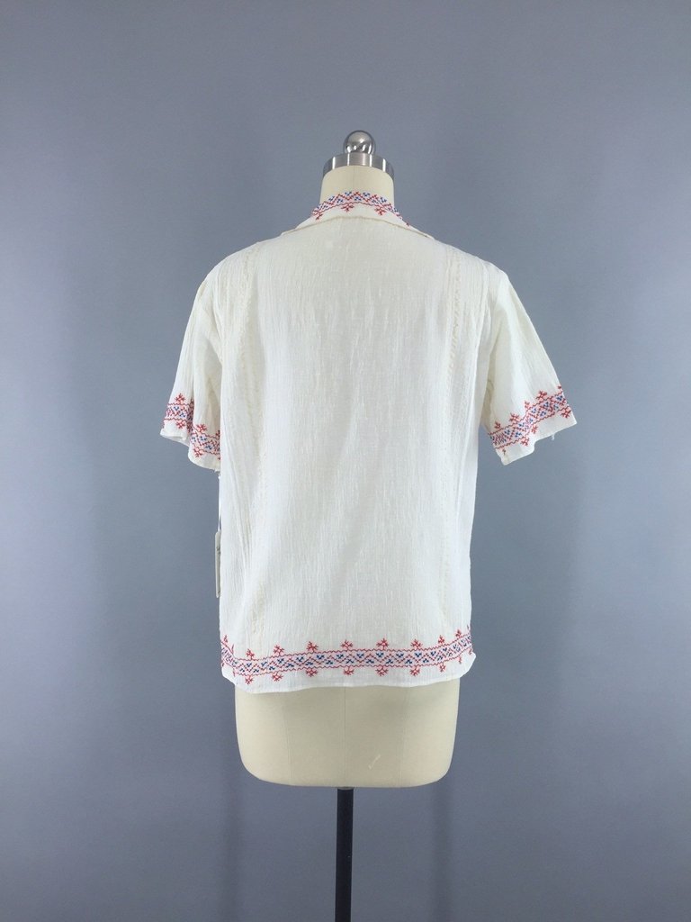 Vintage 1920s Amazing Cotton Embroidery Peasant Boho Blouse Top