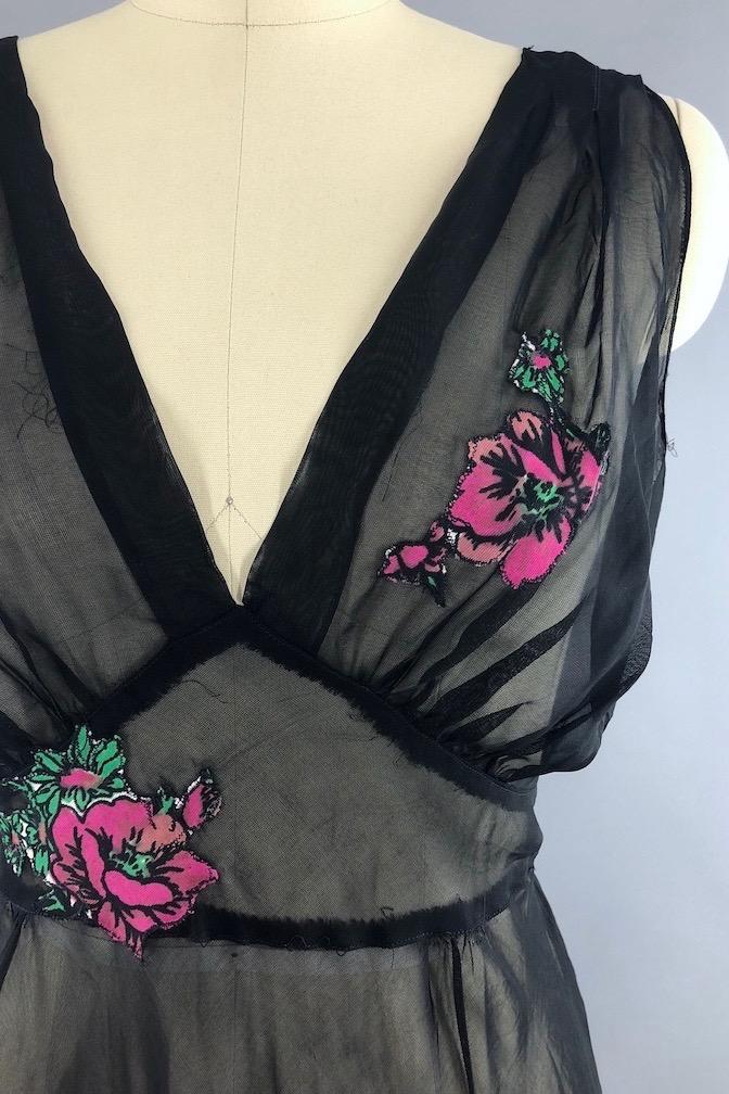 Vintage 1930s Black Bias Cut Nightgown with Pink Roses – ThisBlueBird
