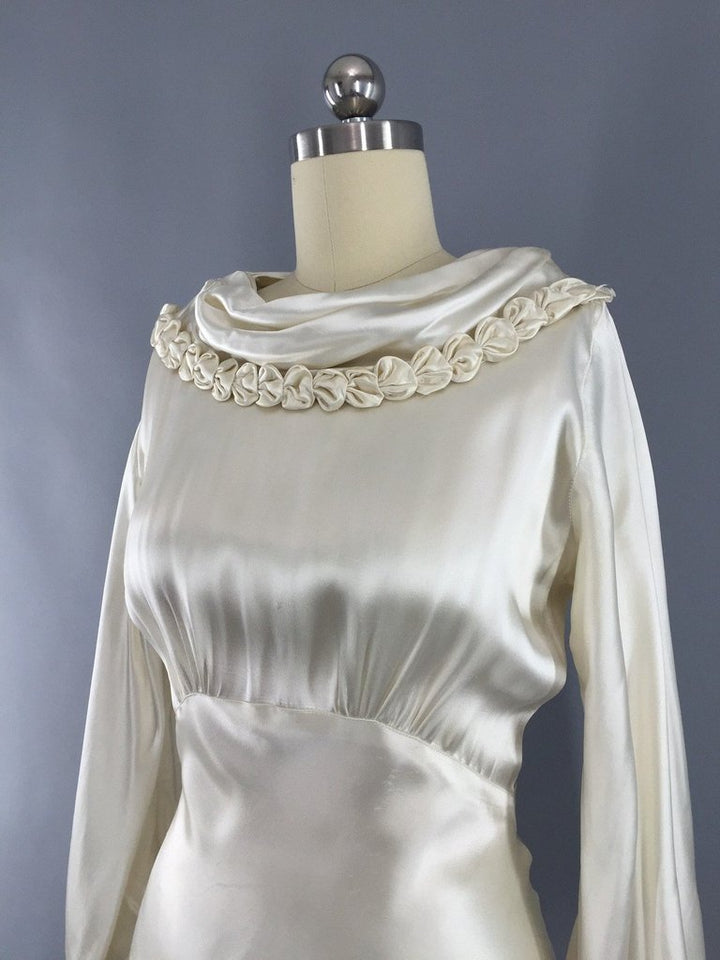 Vintage 1930s Ivory Silk Satin Bias Cut Wedding Dress - ThisBlueBird
