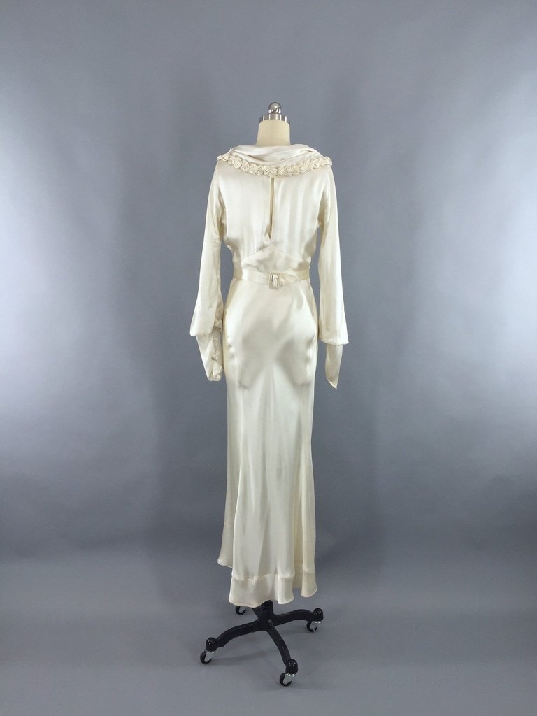 Vintage 1930s Ivory Silk Satin Bias Cut Wedding Dress - ThisBlueBird