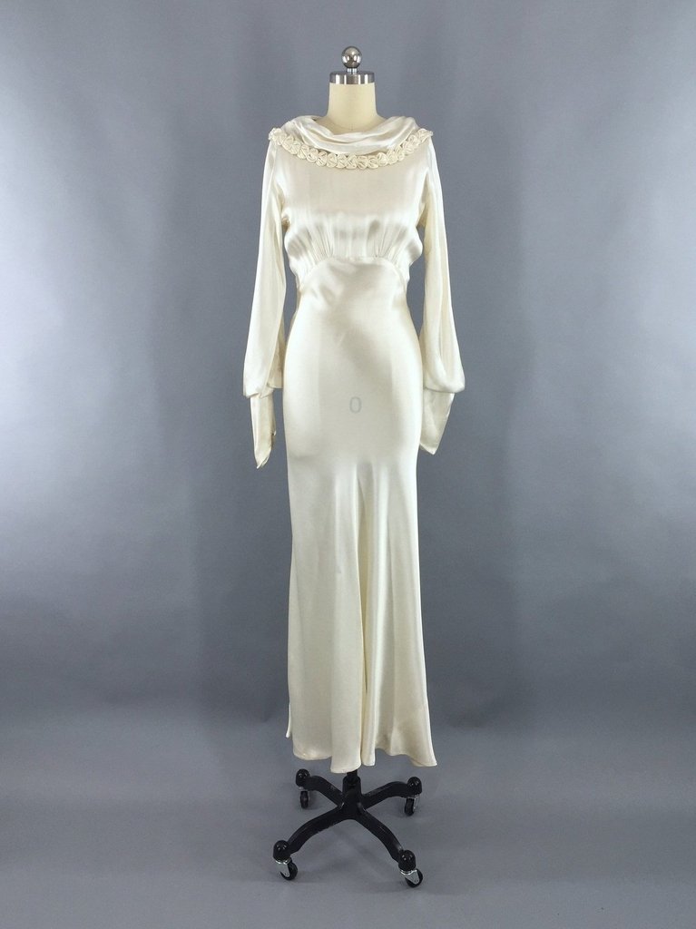 Vintage 1930s Ivory Silk Satin Bias Cut Wedding Dress - ThisBlueBird