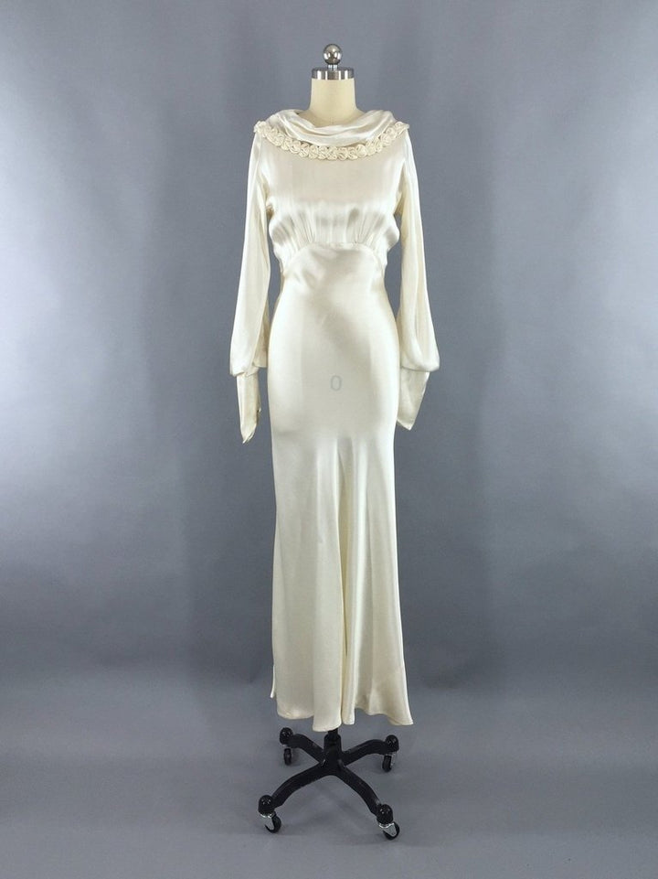 Vintage 1930s Ivory Silk Satin Bias Cut Wedding Dress - ThisBlueBird