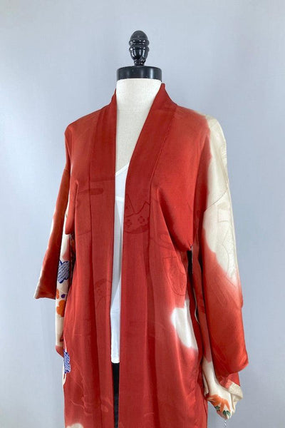 Vintage 1930s Red & Blue Silk Kimono Cardigan-ThisBlueBird