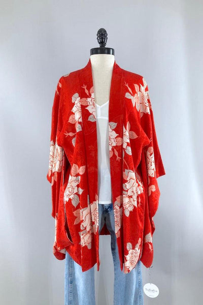Vintage 1930s Red Roses Silk Kimono Cardigan-ThisBlueBird