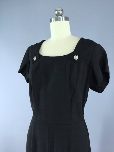 Vintage 1940s Black Silk Dress with Rhinestone Buttons - ThisBlueBird