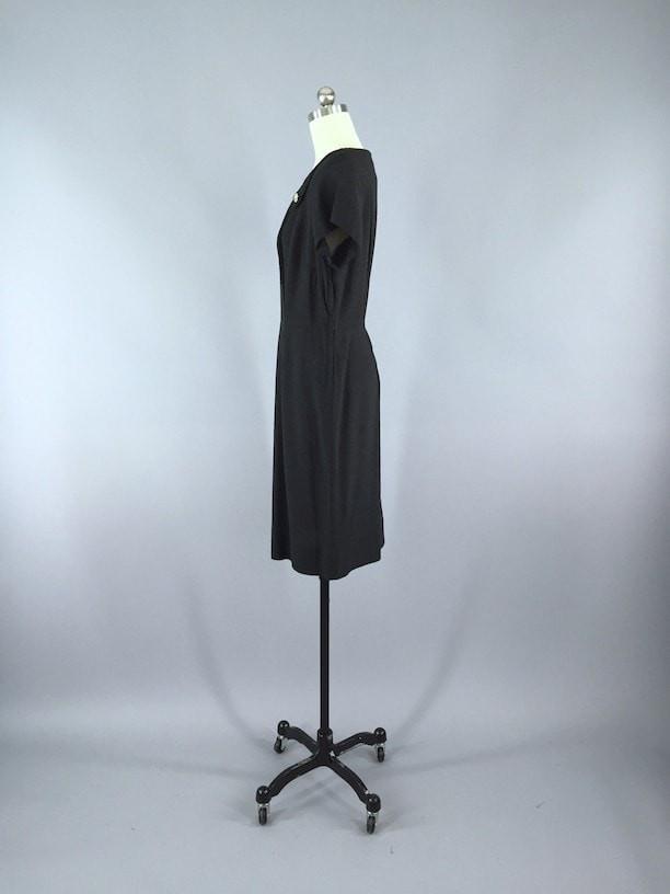 Vintage 1940s Black Silk Dress with Rhinestone Buttons - ThisBlueBird