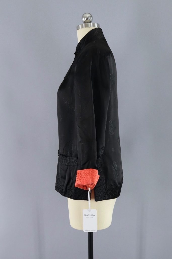 Vintage 1940s Black Silk Satin Asian Jacket - ThisBlueBird