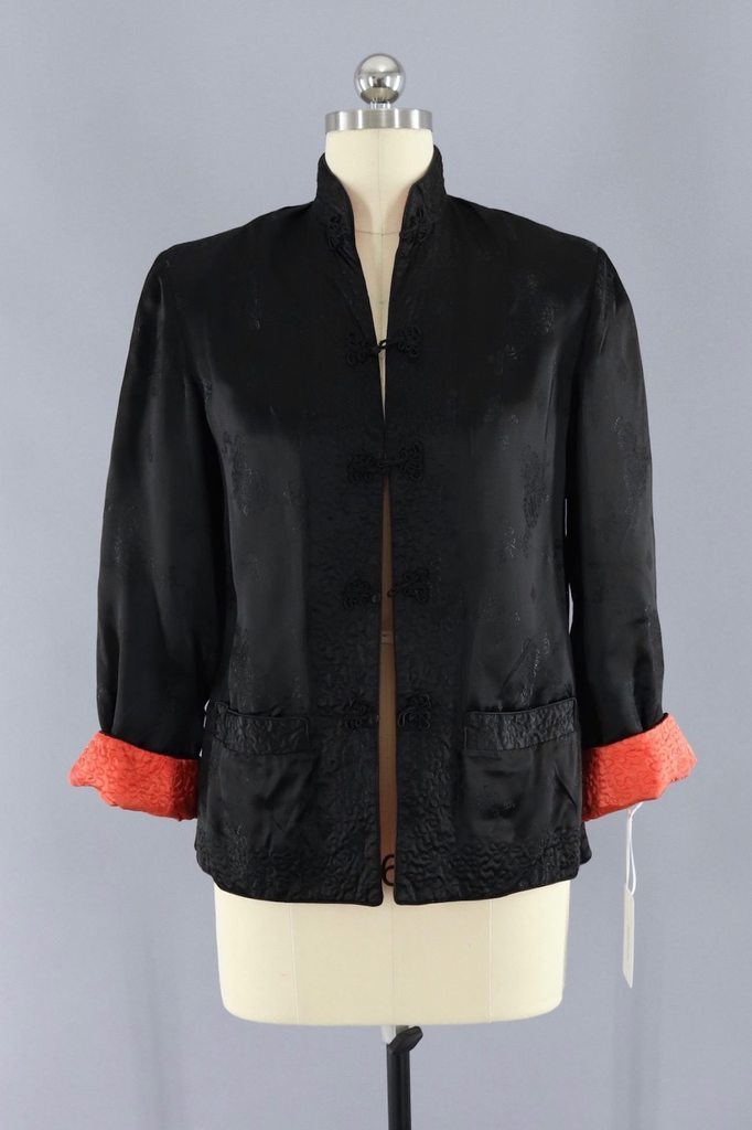 Vintage 1940s Black Silk Satin Asian Jacket - ThisBlueBird