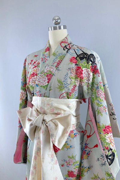 Vintage 1940s Grey Floral Print Silk Kimono Robe-ThisBlueBird