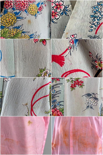 Vintage 1940s Grey Floral Print Silk Kimono Robe-ThisBlueBird