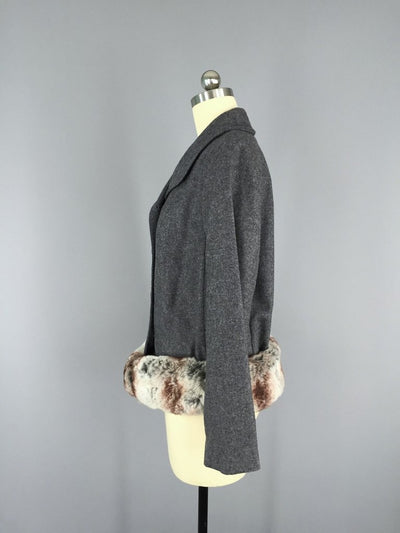Vintage 1940s Grey Wool Jacket with Fur Trim - ThisBlueBird