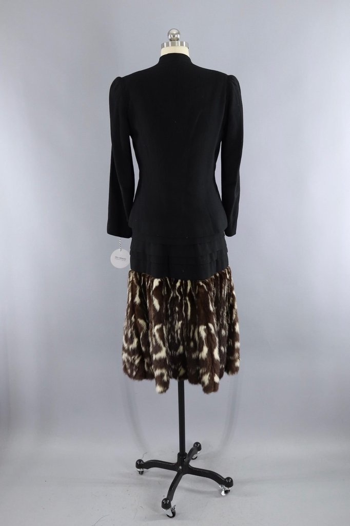 Vintage 1940s Hattie Carnegie Black Dress with Fur Trim and Jacket - ThisBlueBird