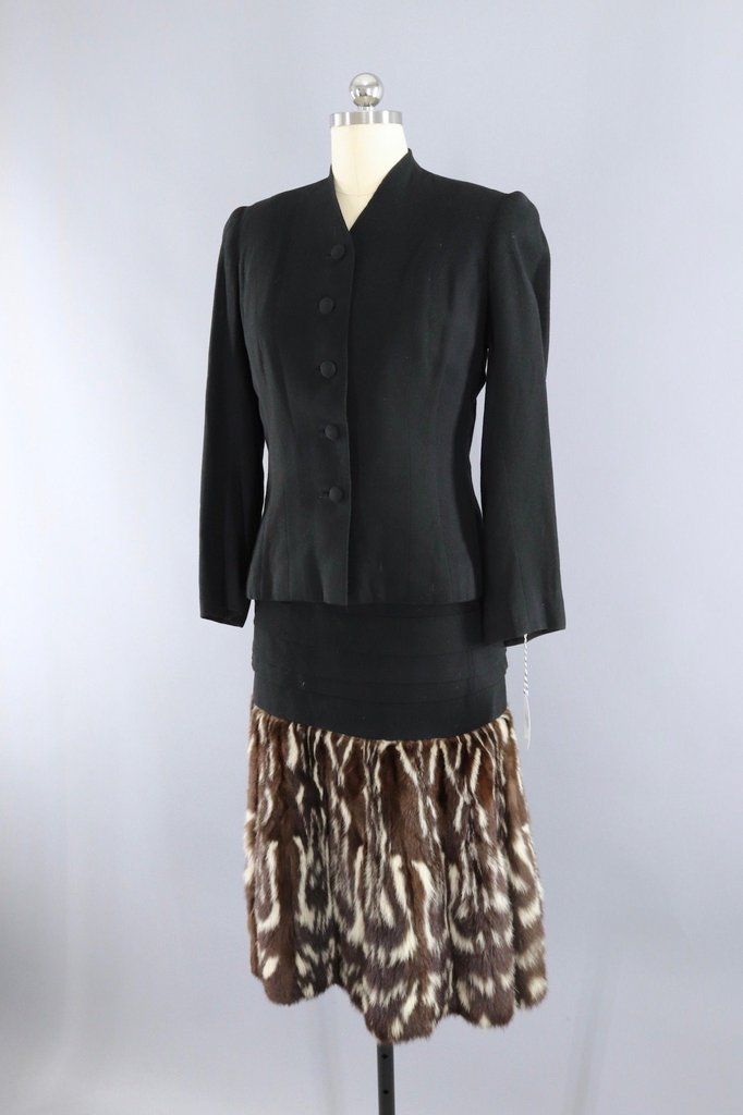 Vintage 1940s Hattie Carnegie Black Dress with Fur Trim and Jacket - ThisBlueBird