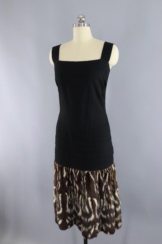 Vintage 1940s Hattie Carnegie Black Dress with Fur Trim and Jacket - ThisBlueBird