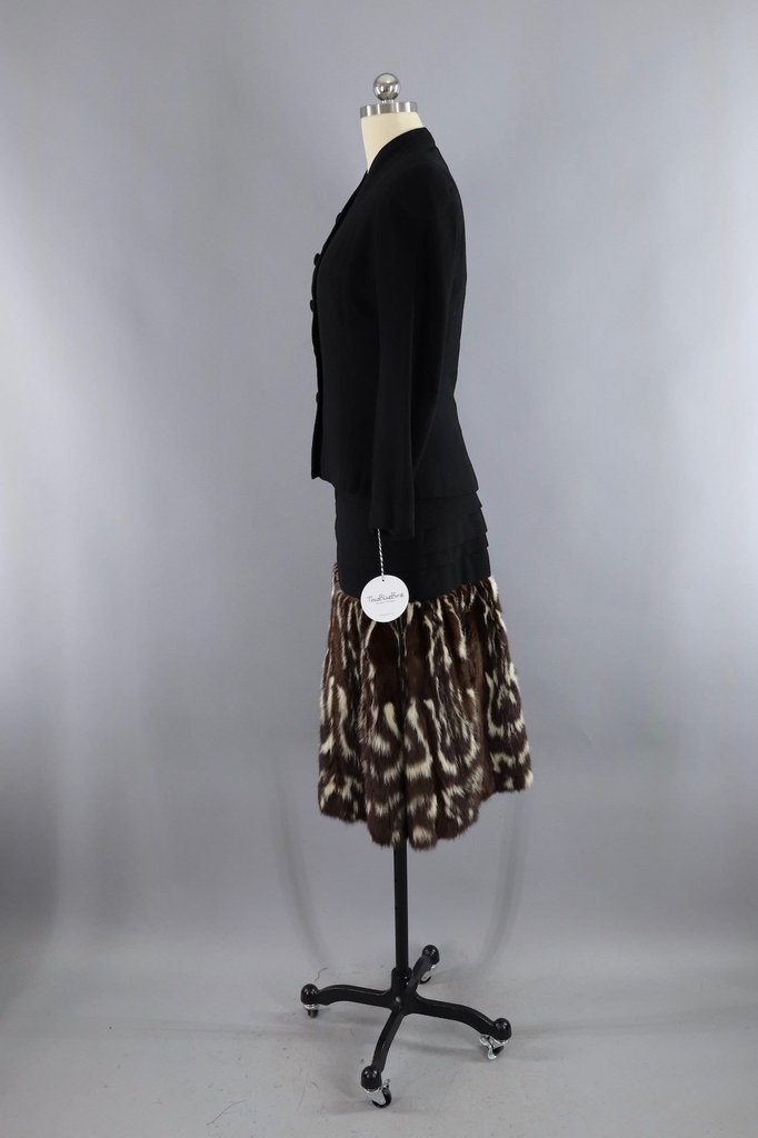 Vintage 1940s Hattie Carnegie Black Dress with Fur Trim and Jacket - ThisBlueBird