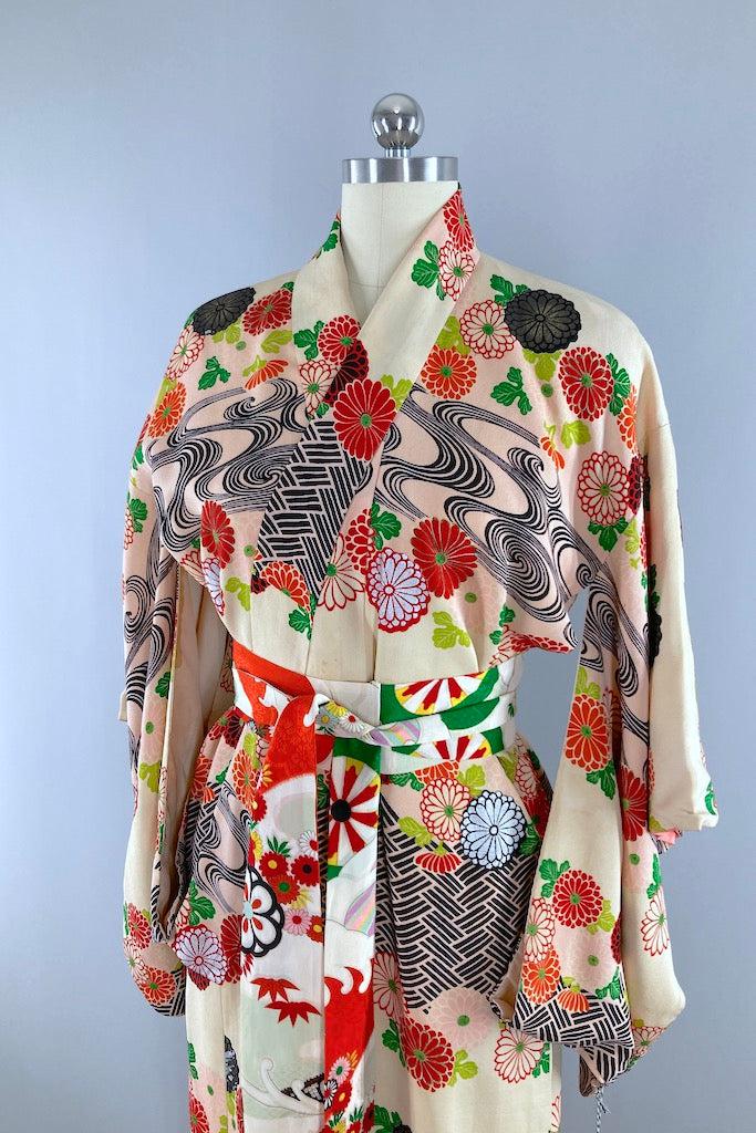 Vintage 1940s Ivory & Black Floral Silk Kimono Robe-ThisBlueBird