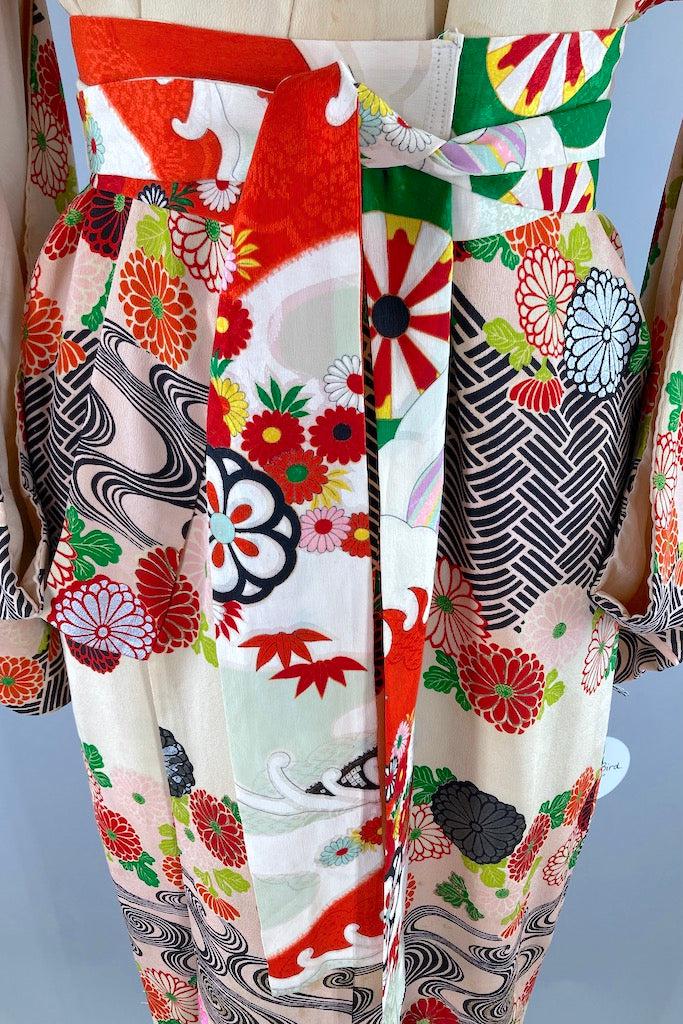 Vintage 1940s Ivory &amp; Black Floral Silk Kimono Robe-ThisBlueBird