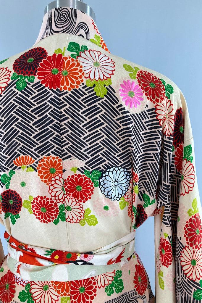 Vintage 1940s Ivory &amp; Black Floral Silk Kimono Robe-ThisBlueBird