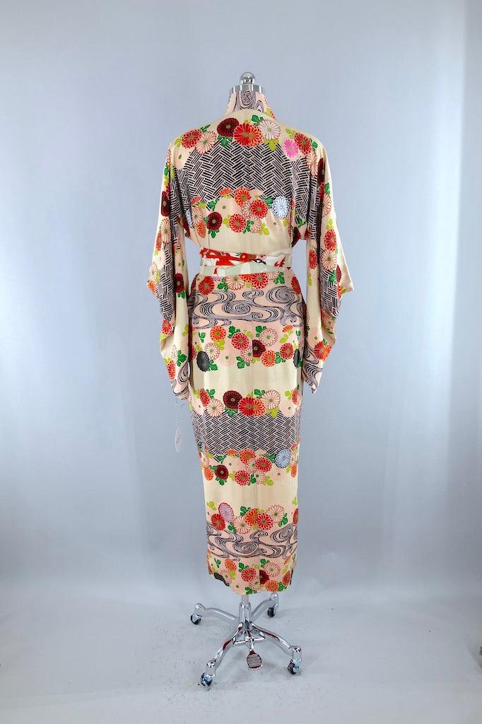 Vintage 1940s Ivory &amp; Black Floral Silk Kimono Robe-ThisBlueBird