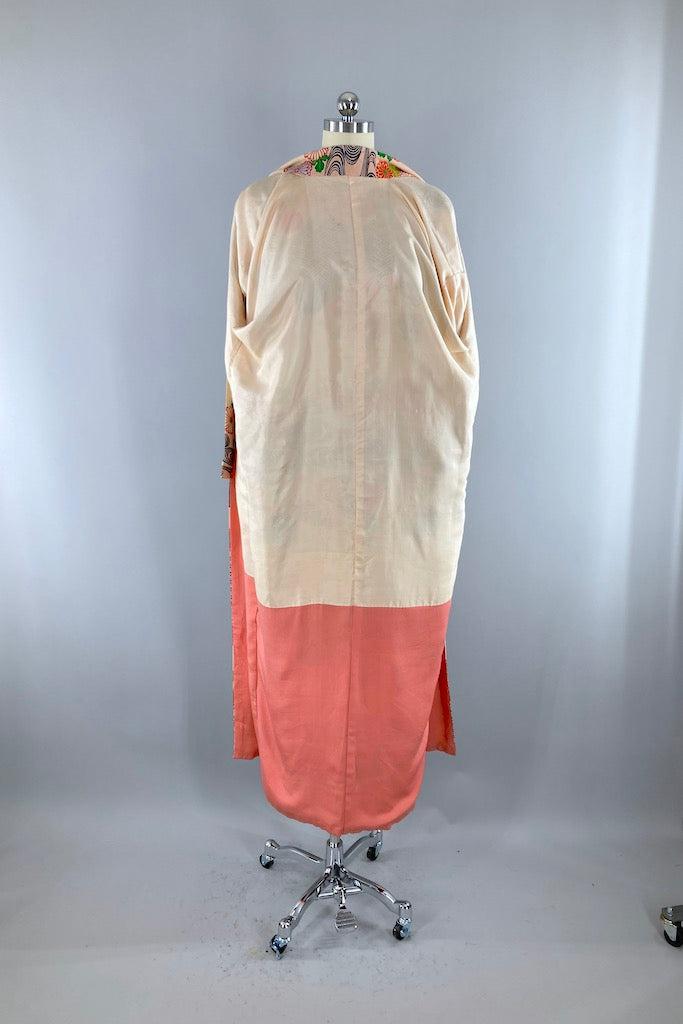 Vintage 1940s Ivory &amp; Black Floral Silk Kimono Robe-ThisBlueBird