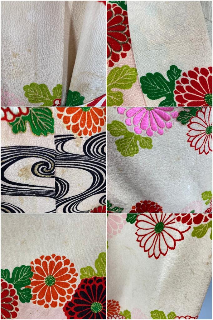 Vintage 1940s Ivory &amp; Black Floral Silk Kimono Robe-ThisBlueBird