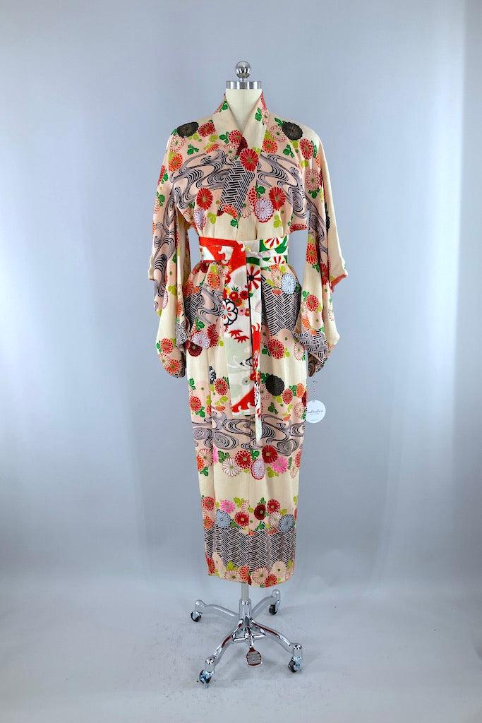 Vintage 1940s Ivory &amp; Black Floral Silk Kimono Robe-ThisBlueBird