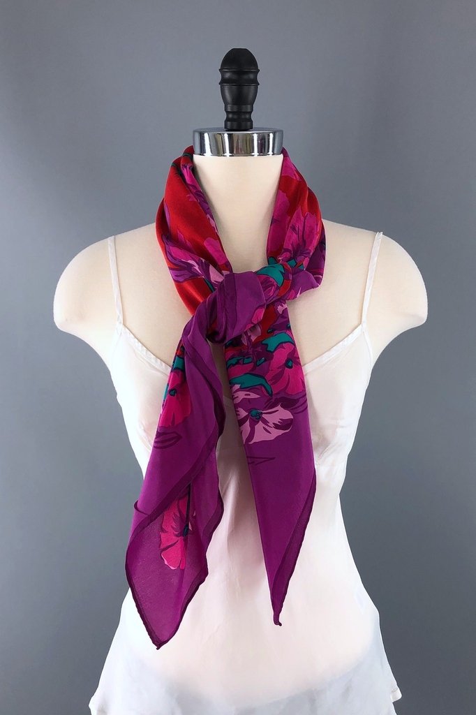 Vintage 1940s Silk Scarf / Peony Petunia Floral Print-ThisBlueBird - Modern Vintage