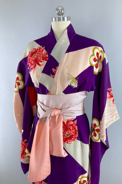 Vintage 1940s Purple Chrysanthemum Silk Kimono Robe-ThisBlueBird