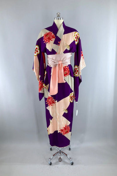 Vintage 1940s Purple Chrysanthemum Silk Kimono Robe-ThisBlueBird