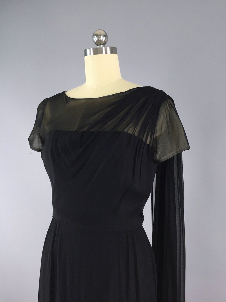 Vintage 1950s Black Chiffon Illusion Silk Dress - ThisBlueBird
