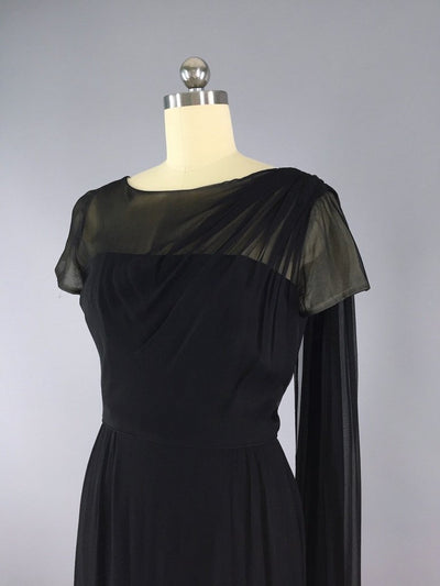 Vintage 1950s Black Chiffon Illusion Silk Dress - ThisBlueBird