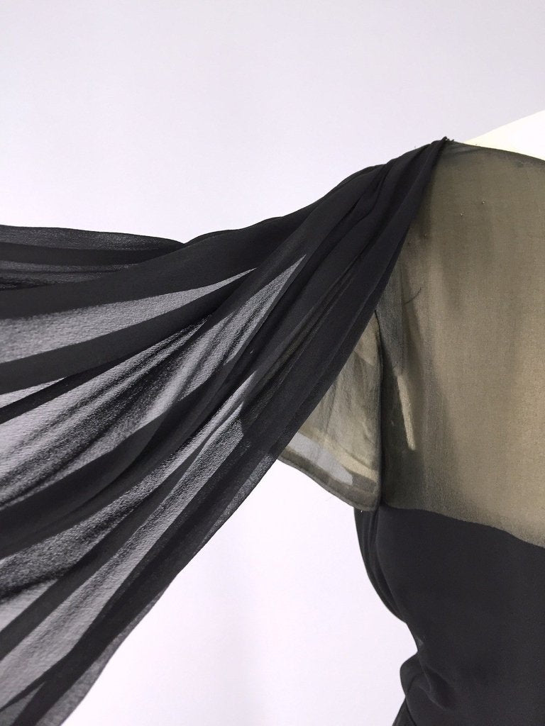 Vintage 1950s Black Chiffon Illusion Silk Dress - ThisBlueBird
