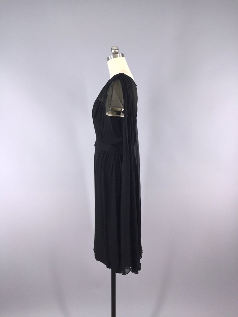 Vintage 1950s Black Chiffon Illusion Silk Dress - ThisBlueBird