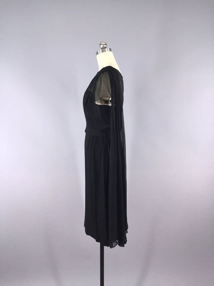 Vintage 1950s Black Chiffon Illusion Silk Dress - ThisBlueBird