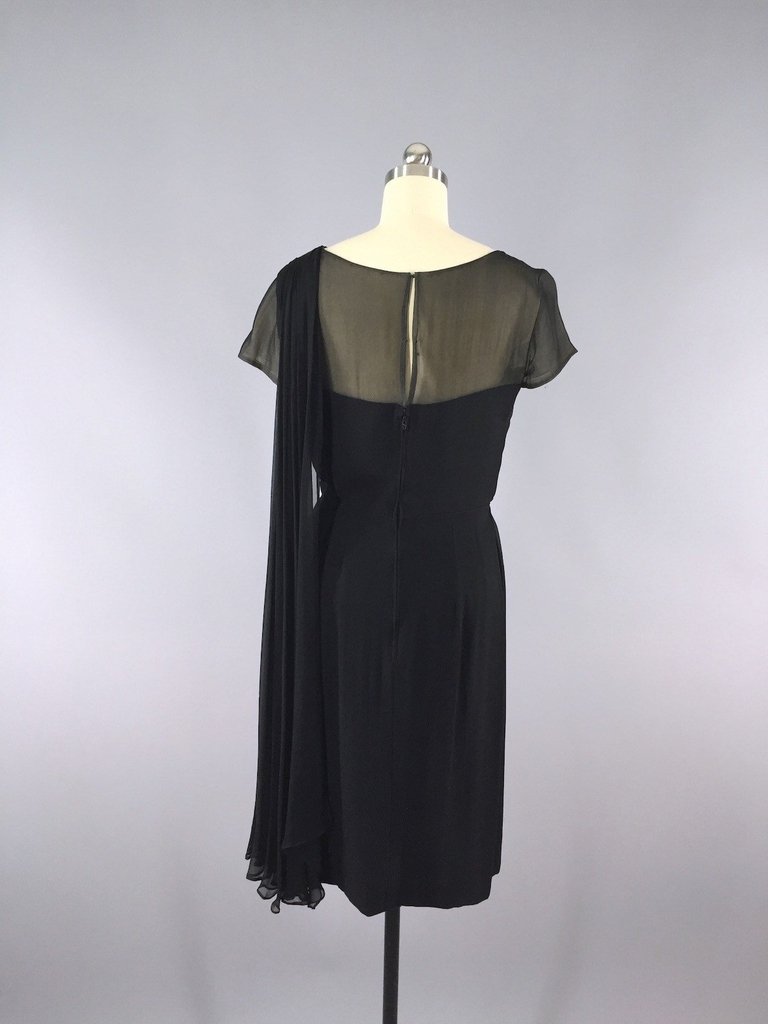 Vintage 1950s Black Chiffon Illusion Silk Dress - ThisBlueBird