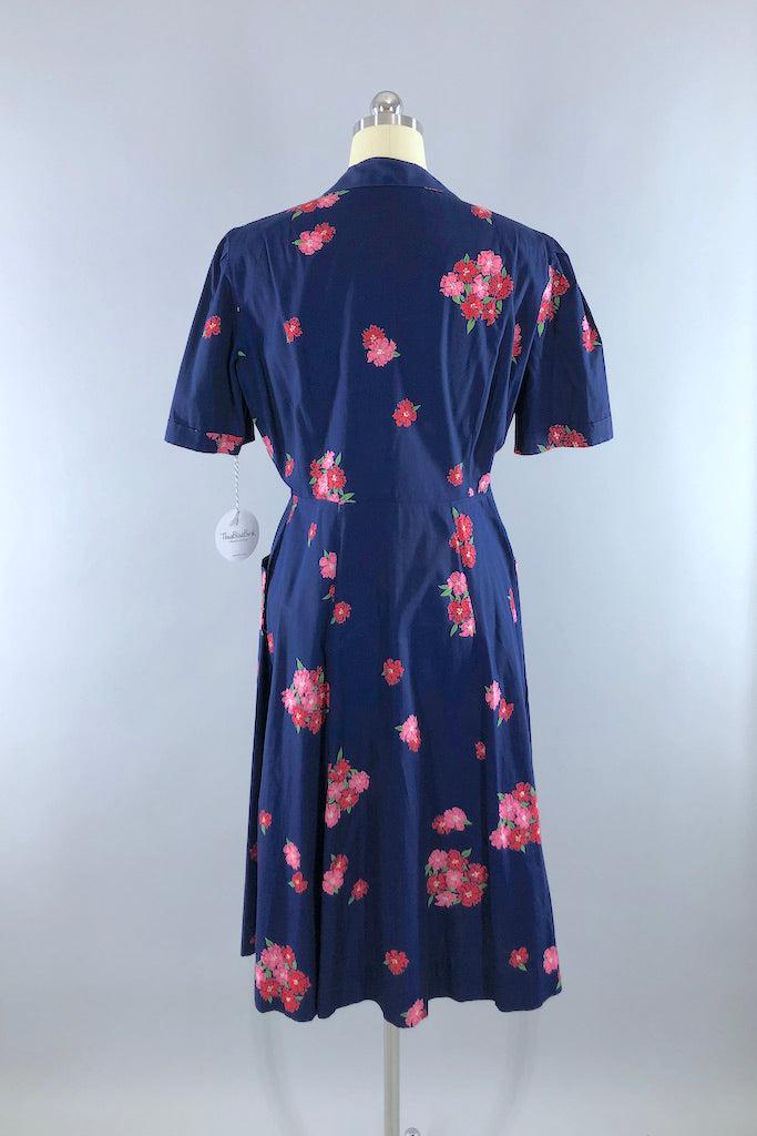 Vintage 1950s Blue Floral Print Day Dress-ThisBlueBird