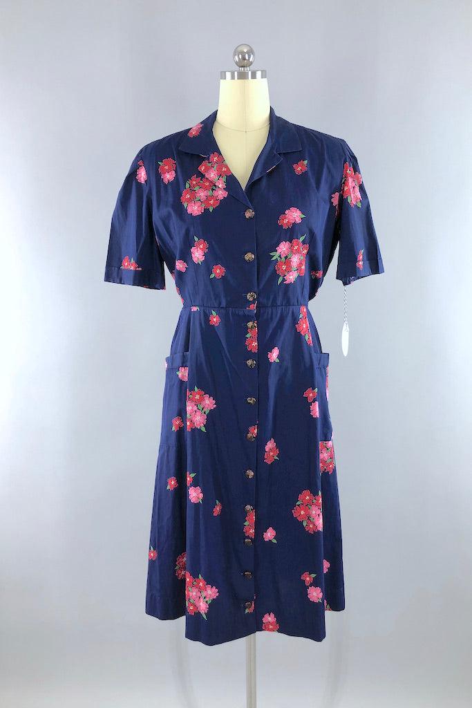 Vintage 1950s Blue Floral Print Day Dress-ThisBlueBird