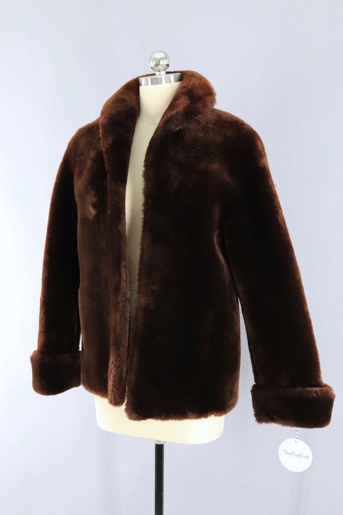 Vintage 1950s Dark Brown Sheared Lamb Mouton Fur Coat - ThisBlueBird
